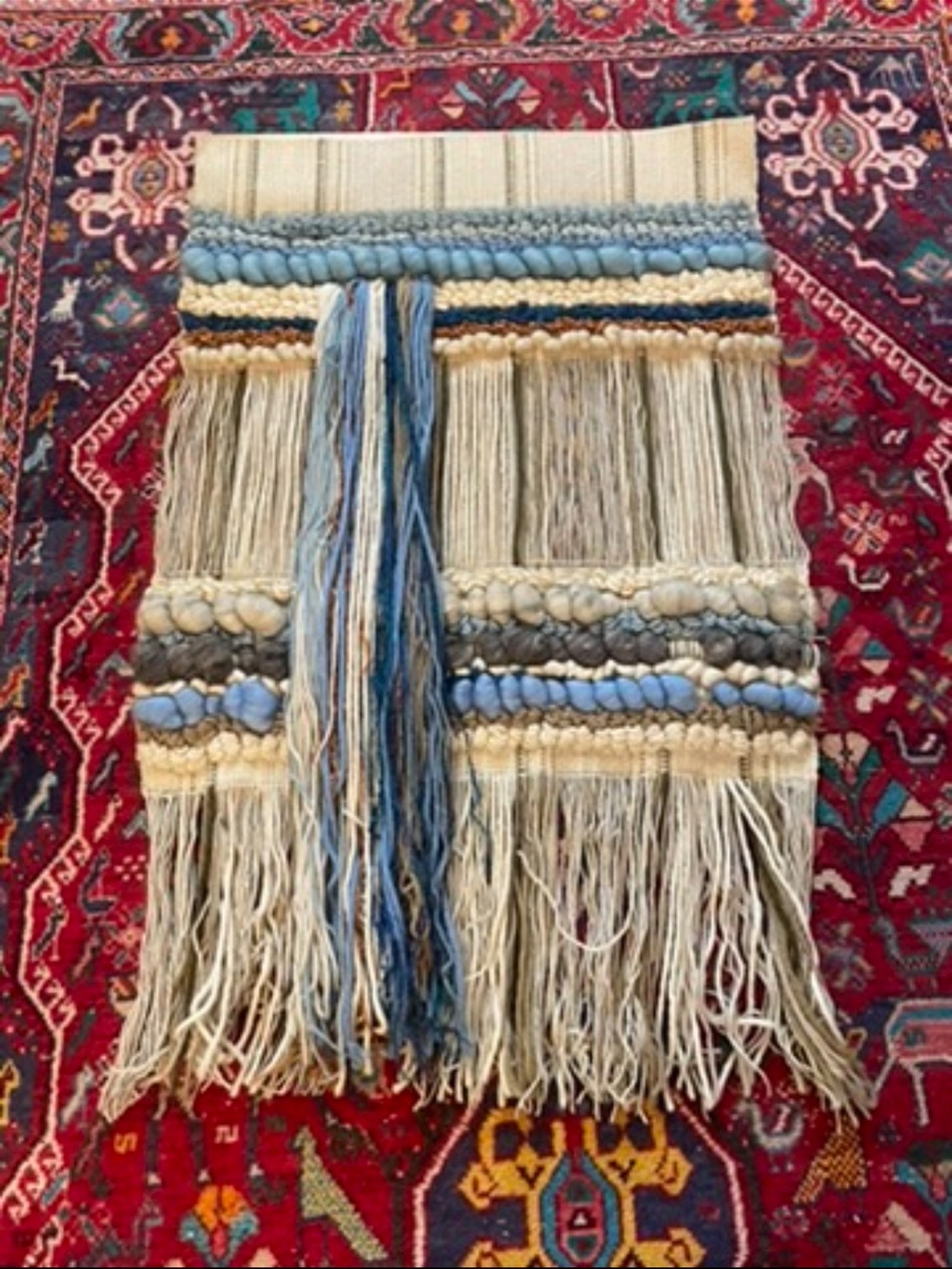 Vintage 70’s Handwoven Blue and Cream Wall Hanging Tapestry
